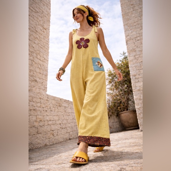 Boho Mustard Linen Jumpsuit S/M | Handmade Floral Patch Wide Leg Hippie Overall - Picture 4 of 15